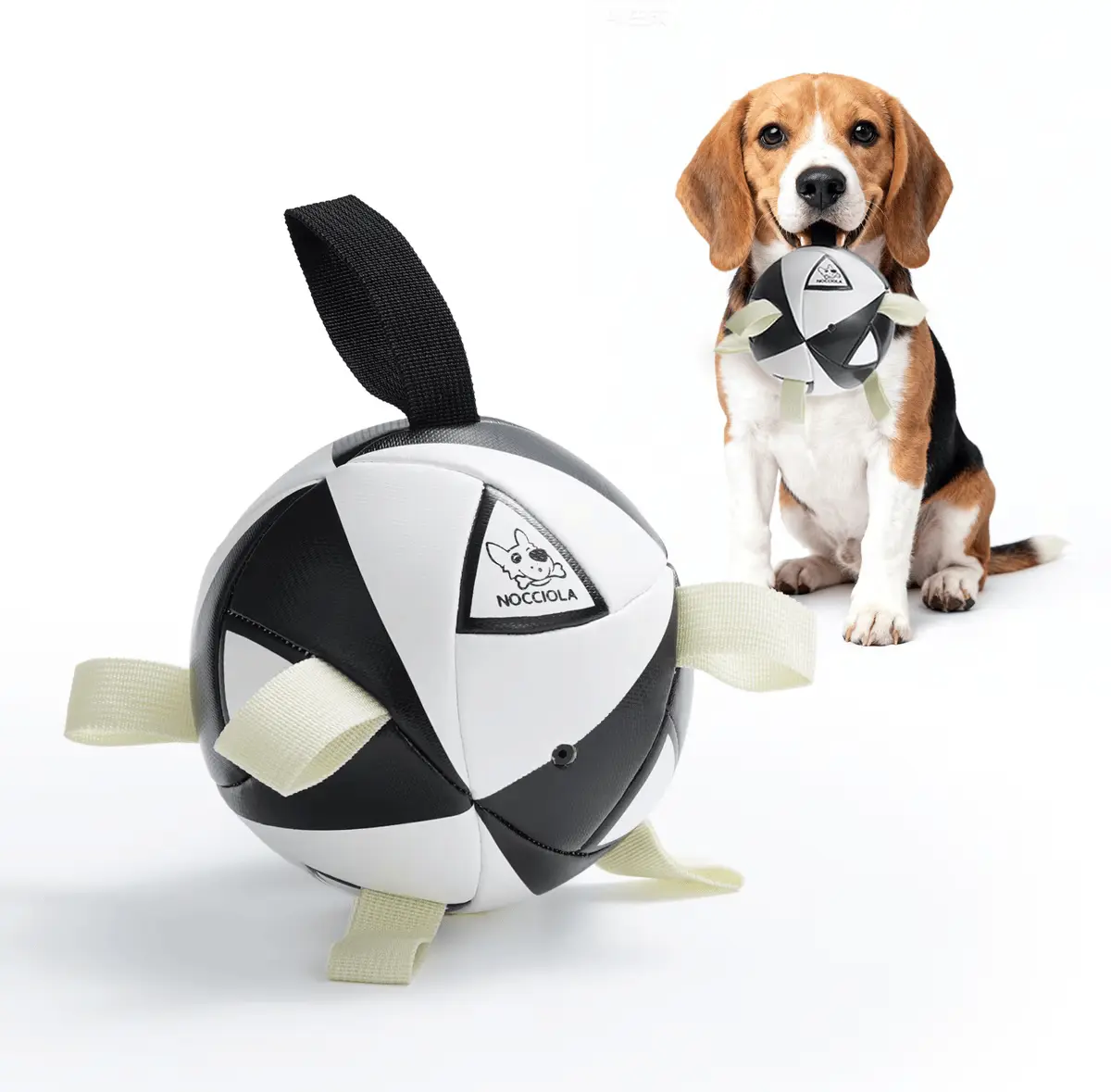 Nocciola Triangular Chew-Resist. Ball Toy for Medium Dogs, 6-in Squeaky Fetch/Tug Toy with Strap, Interactive Pet Enrichment Accessory