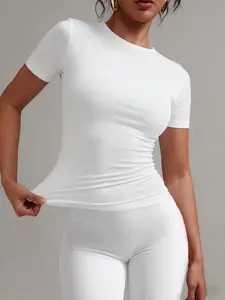 Women's Round Neck Slim Fit T-Shirt, Elegant Simple Basic Solid Color, Stretchy Comfortable, Flattering Waist Design, Chic Style Top