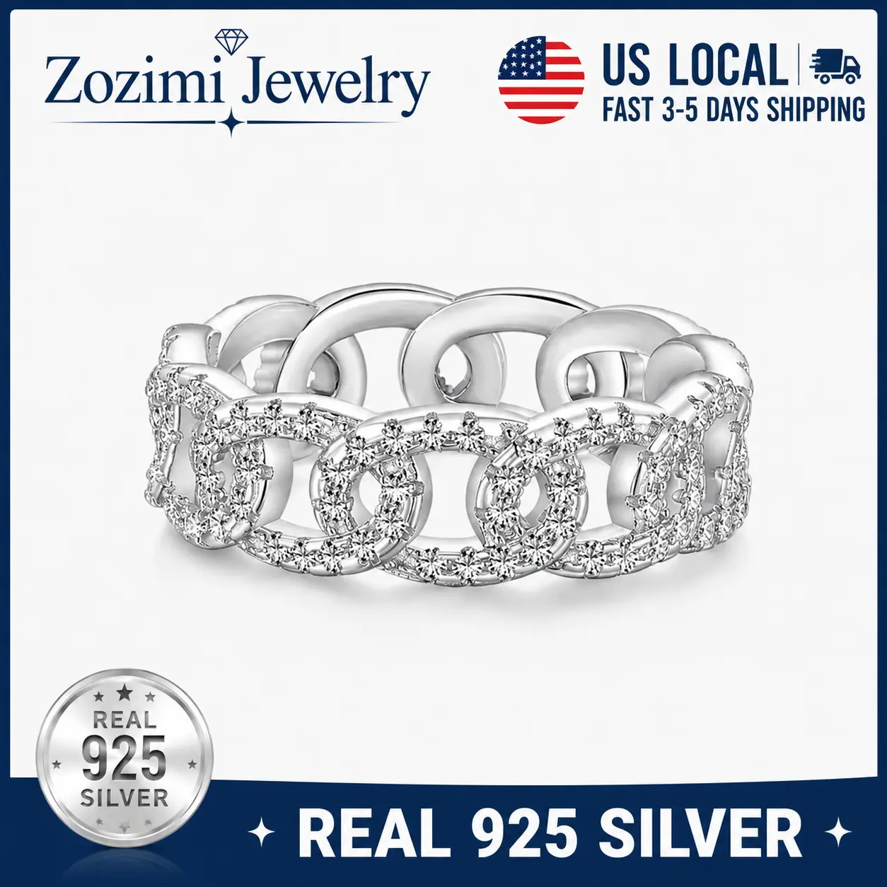 925 Sterling Silver Cuban Link Chain Ring Full Pave Clear Cubic Zirconia Wide Statement Band Rhodium Plated Luxury Sparkling Simulated Diamond Stackable Jewelry For Office Daily Club Evening Party Birthday Xmas Gift For Young Women