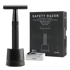 Double Edge Safety Razor with Stand, Single  Razors for Men and Women,  Metal Razor, with 10 Stainless Steel Double Edge , Smooth and Close Shave, Plastic Free, Matte Black