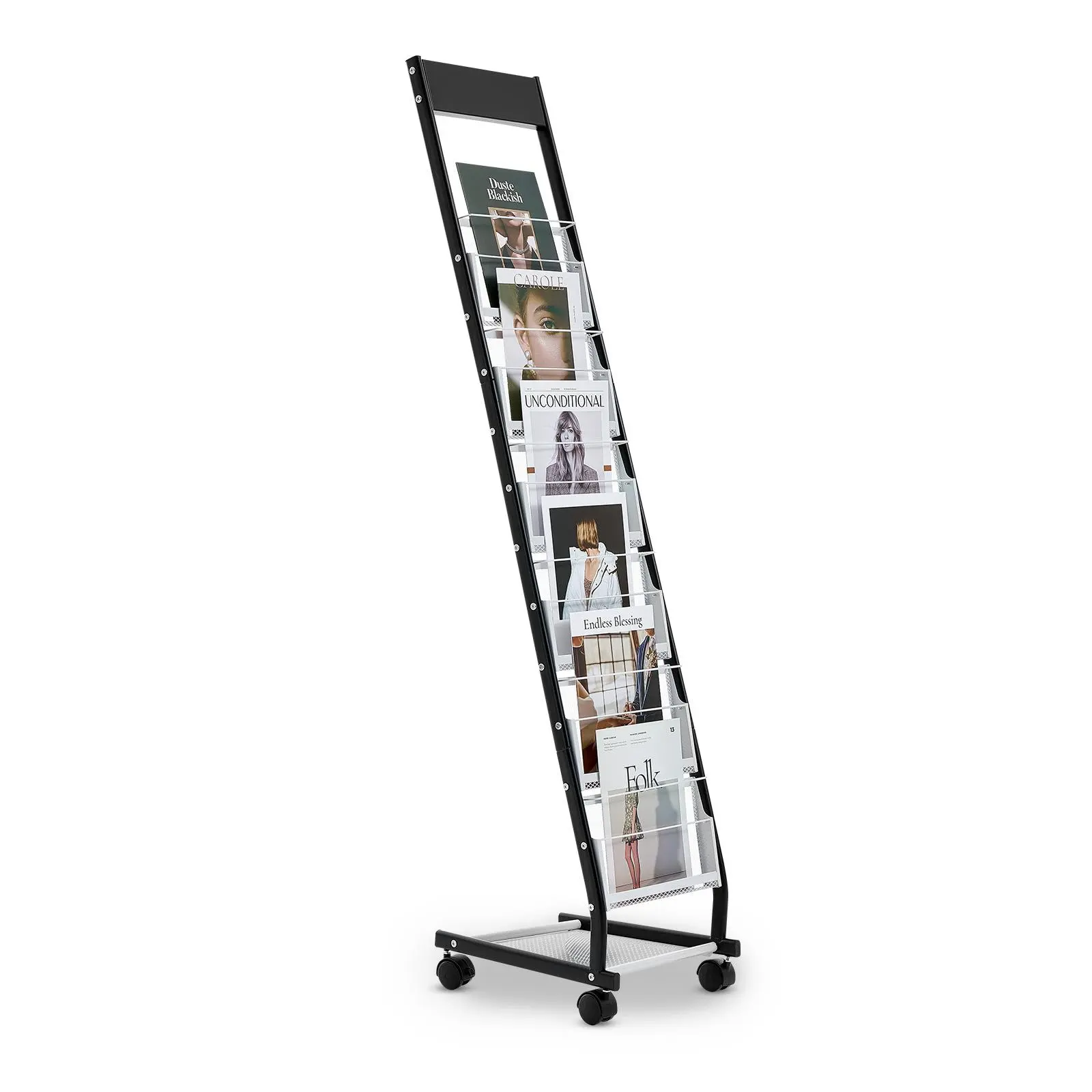 【Summerfinds】Thickened Metal Narrow Floor Standing Magazine Organiser, 6-Tier 6-Compartment Literature Display Rack with Wheels, 4 lbs Movable Holder with Instructions for Office Displays, Shop Exhibitions