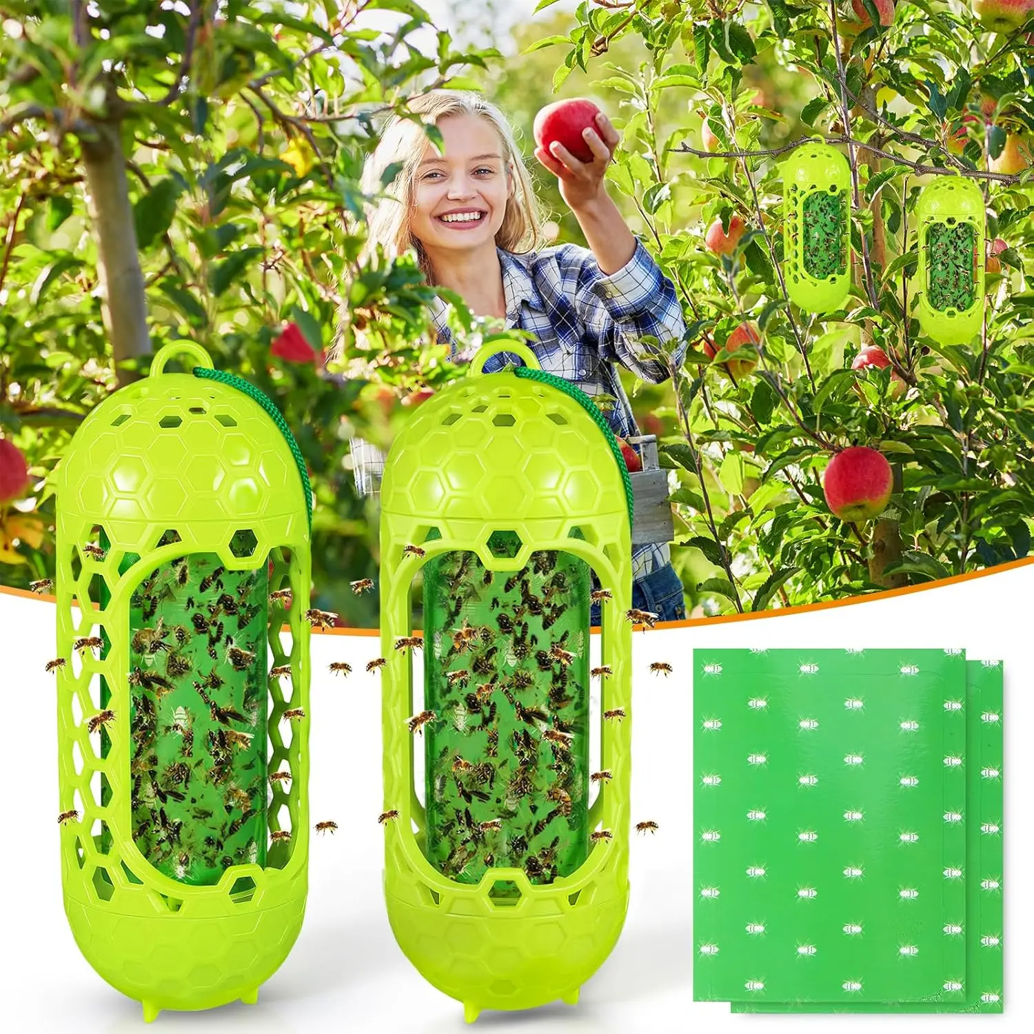 Upgraded Outdoor Hanging Wasp Killer Multi-Insect Trap 2-Pack, Refillable with Sticky Papers, VisiLure Tech, Non-Toxic Odorless Bug Control Solutions for Yellow Jackets, Mud Daubers, Carpenter Bees