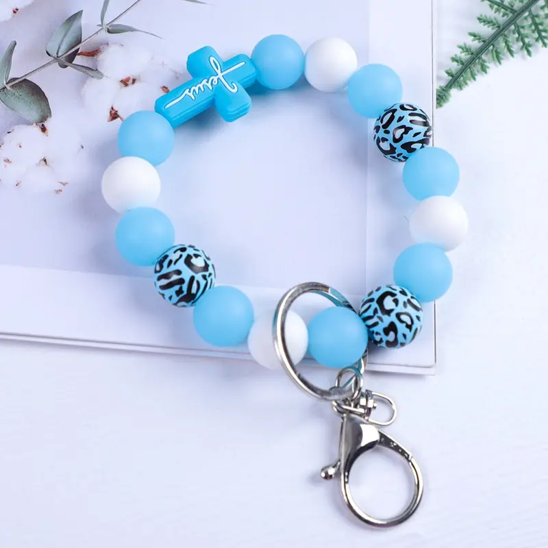Leopard Wood Beads Cute Charms Keychain, Multi-colored Silicone Beads, Crossover Letters Bag Pendant, Car Key Pendant, Gift for Friends, Cute Keychains