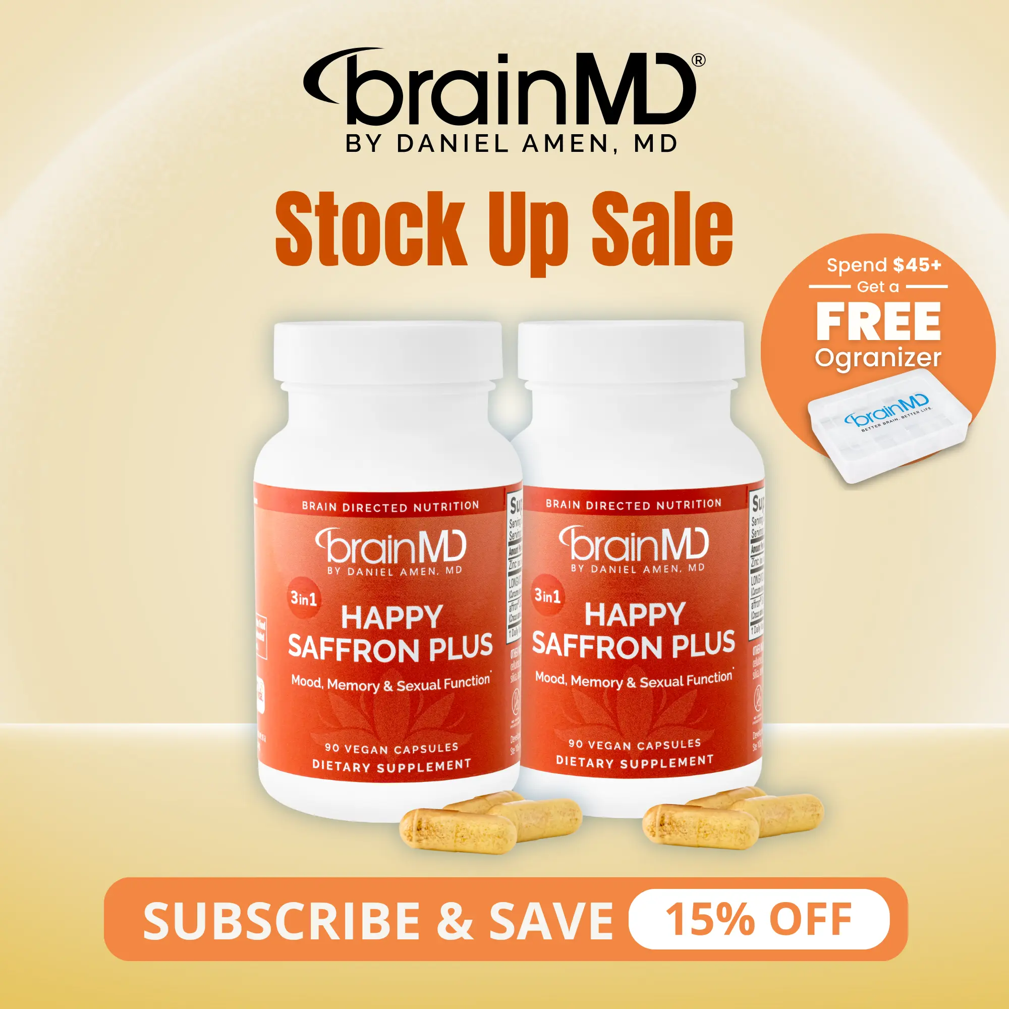 Happy Saffron Plus 2-Pack | BrainMD | 180 Capsules (2 x 90) | Mood & Stress Support | Memory, Focus & Libido Support | Affron Saffron Extract with Curcumin & Zinc