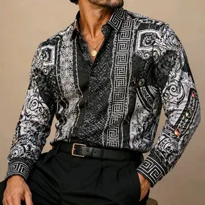 Barabas Men's Casual Black Long-Sleeve Shirt with Snake Greek Pattern and Rhinestones, Menswear Top