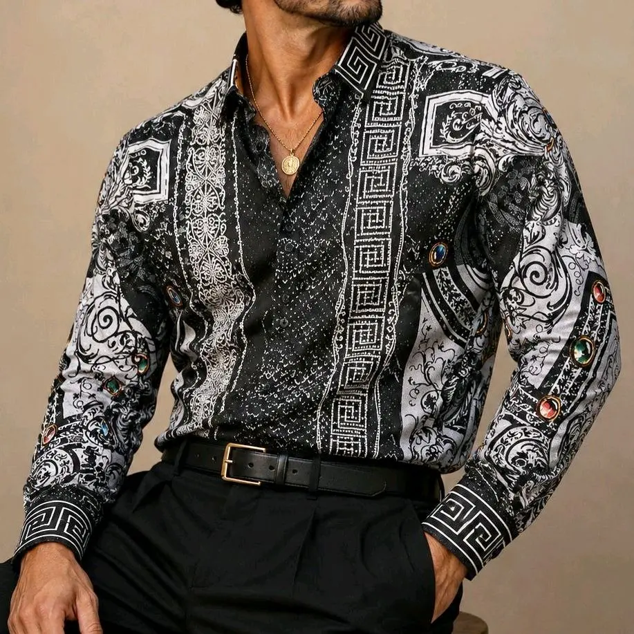 Barabas Men's Casual Black Long-Sleeve Shirt with Snake Greek Pattern and Rhinestones, Menswear Top