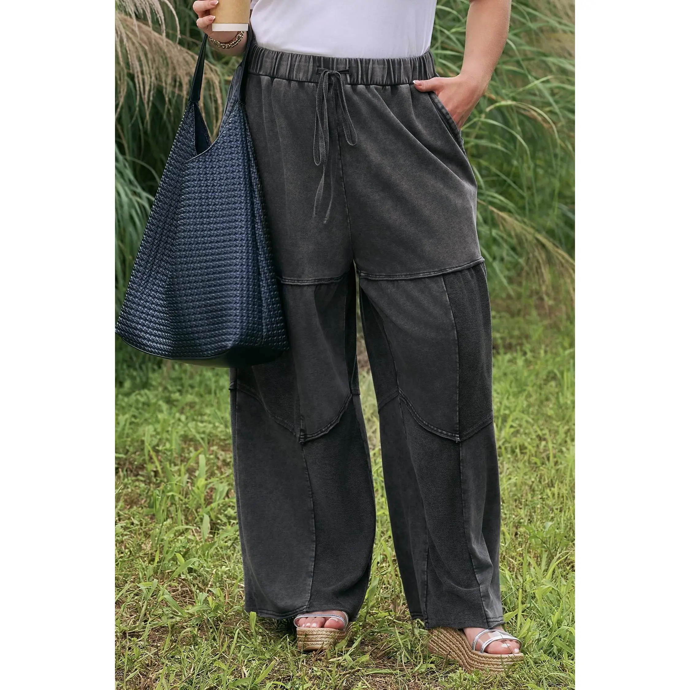 Black Plus Size Mineral Wash Exposed Seam Patchwork Drawstring Loose Pants