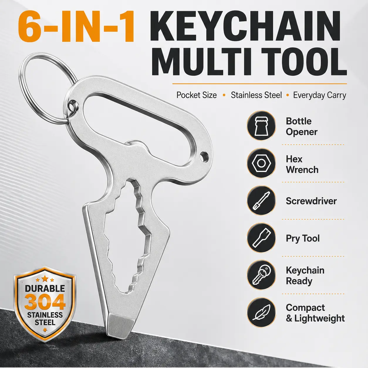 EDC Multi Tool Keychain, 304 Stainless Steel Pocket Tool with Bottle Opener, Hex Wrench, Flat Screwdriver & Pry Bar, Everyday Carry Gear