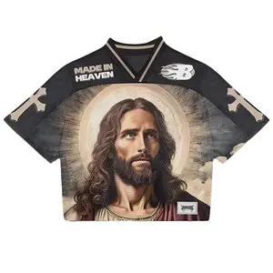 Black SAINT TEARS Cropped Mesh Football Jersey V-Neck MADE IN HEAVEN Jesus Print Streetwear Unisex Summer Sports Casual Loose Fit Athletic Top Men Women Angel Wings