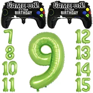 Video Game Party Balloons for Boys 9th Birthday Decorations- 2 Packs Game Controller Mylar Balloons with Green Number Balloons 9
