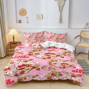 Cute Strawberry Girl Kawaii Print Decorative Duvet Cover Set, Includes 1 Quilt Cover and 1 or 2 Coreless Pillowcases, Vintage Sweetheart Style, Soft Comfortable Kids Bedroom Decor Gift