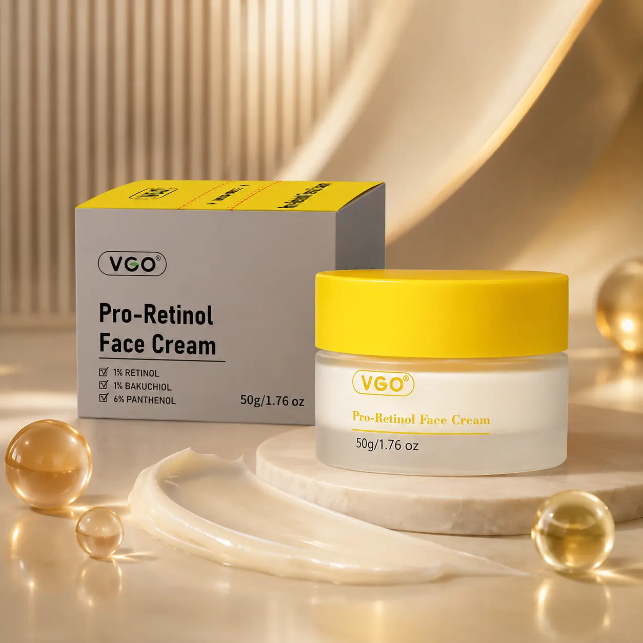 VGO Pro-Retinol Face Cream with Bakuchiol, 6% Panthenol, Ceramides, Peptides & Hyaluronic Acid, Moisturizing Night Cream, 50g