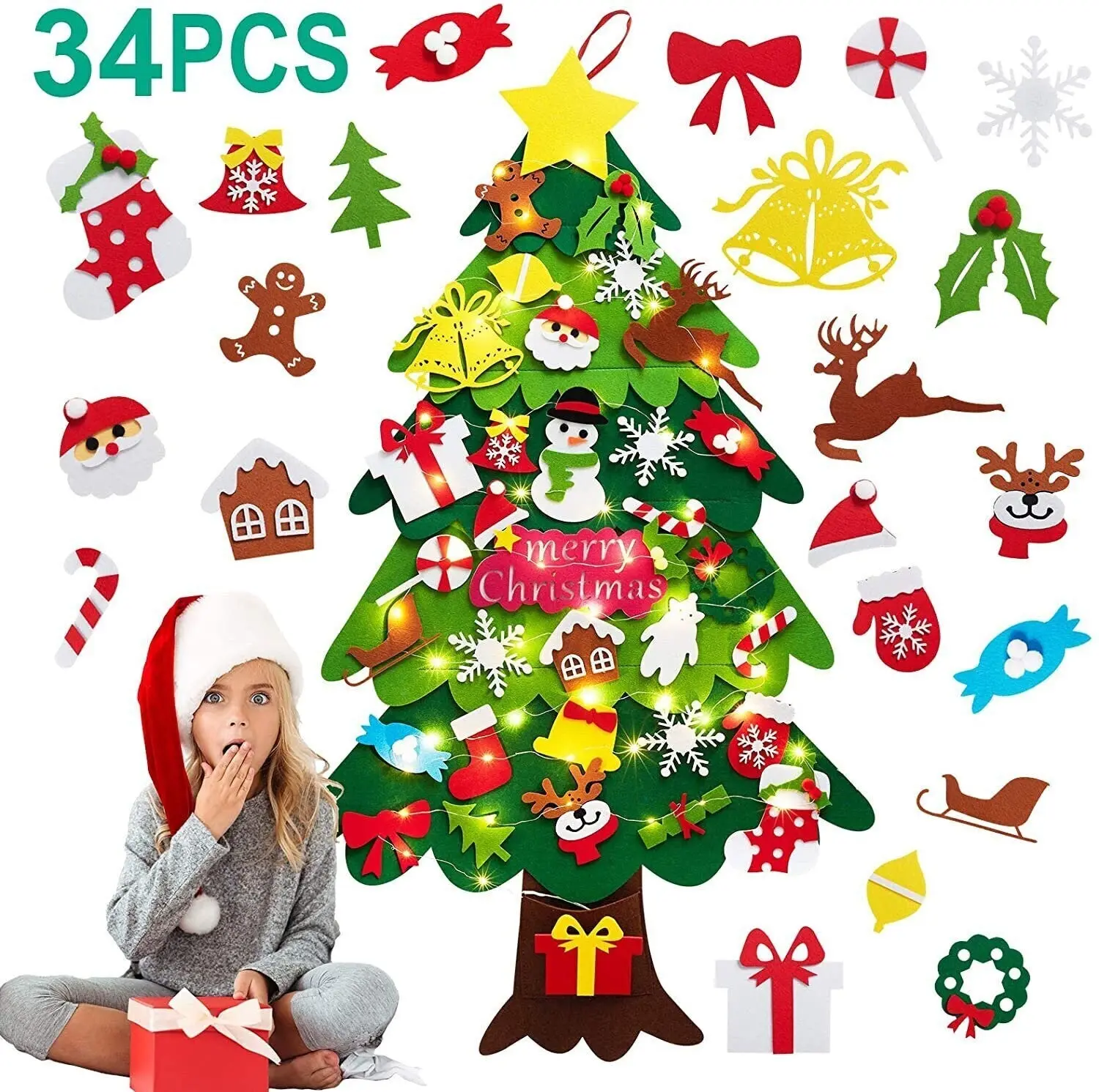 DIY 34PCS Home Decoration Felt Christmas Tree Wall Hanging w/ LED String Lights, Felt Craft Kits for Christmas, Xmas Gifts for Kids