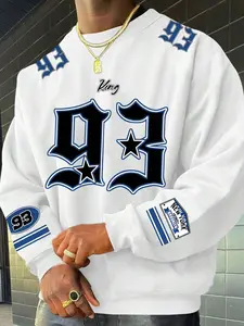 Men's Vintage Hong Kong Style Sweatshirt, Hip-Hop Basketball Inspired, Number 93 Print, Loose Fit, Comfortable Cotton, Sporty & Casual