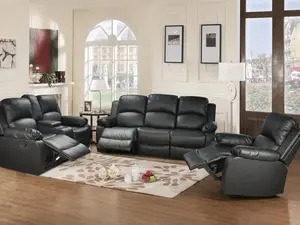 Beverly Fine Furniture Bonded Leather 3 Piece Recliner Set Black Sofa Loveseat Chair Drop Down Table 51