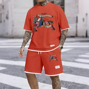 Men's Casual Style Knight Print Waffle Fabric Short-Sleeved Shirt And Shorts Set