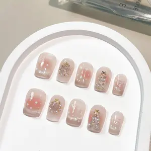 Handmade Press on Nails, Short Coffin Design, & Pearl Accents, Perfect for Festive Events & Everyday Wear