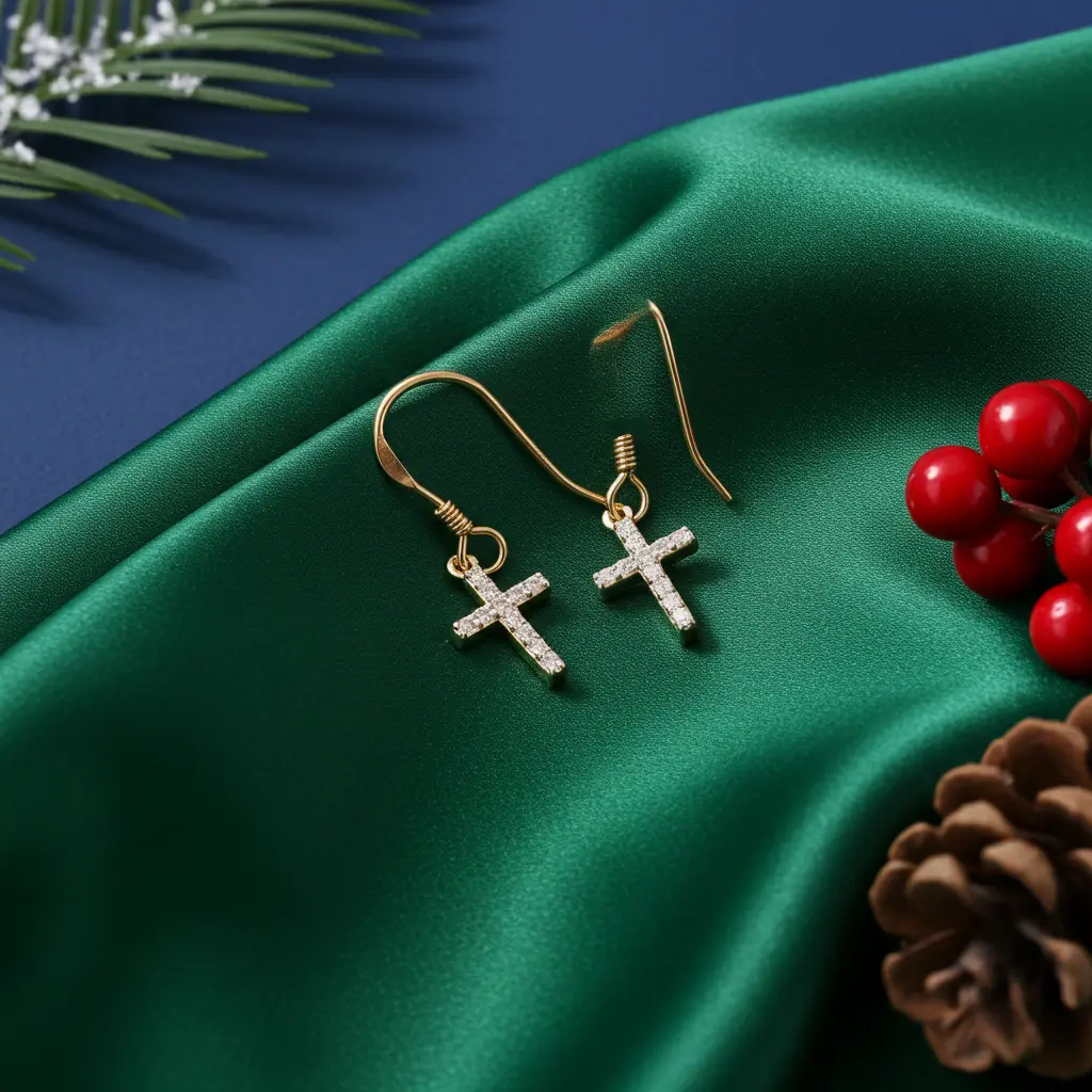 King of Bling's 10K Gold Plated Silver 0.27ct Cubic Zirconia Men & Women Dangling Cross Earrings