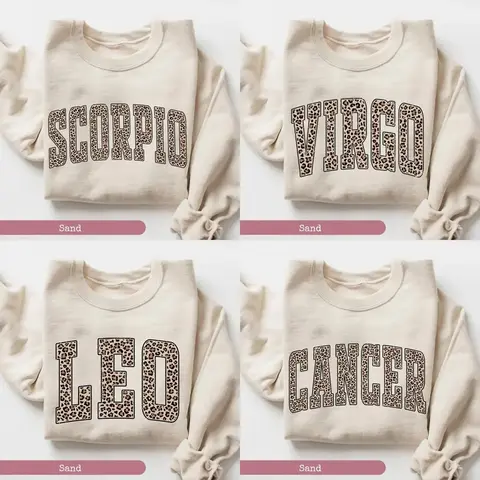 Full 12 Minimalist Zodiac Graphic Sweatshirt – Sand Color, Leopard Print Astrology Sign Pullover, Vintage Horoscope Crewneck for Women & Men