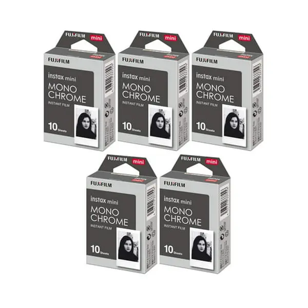 Fujifilm Instax Mini Monochrome Film - 5-Pack, 10 Exposures Each, Credit Card-Sized, Black and White Photography Supplies for Picture, Wall Art, Collectibles, Camera Film, Lifetime, Film Camera Aesthetic, 62X46mm