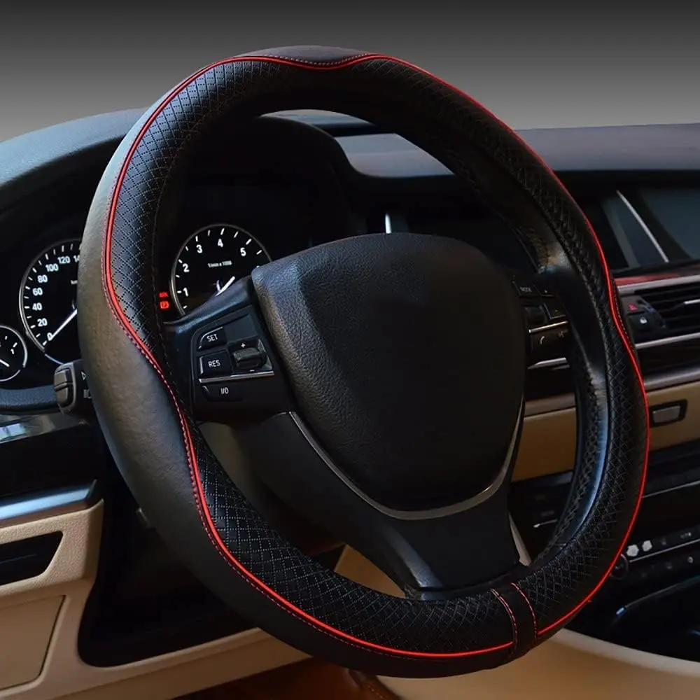 [Weekly Deals] PU Leather Car Steering Wheel Cover, Anti slip Breathable Microfiber PU Leather Anti-skid For 15 inch for Women and Men, Universal Fit for Most Vehicles (Black Red Line)