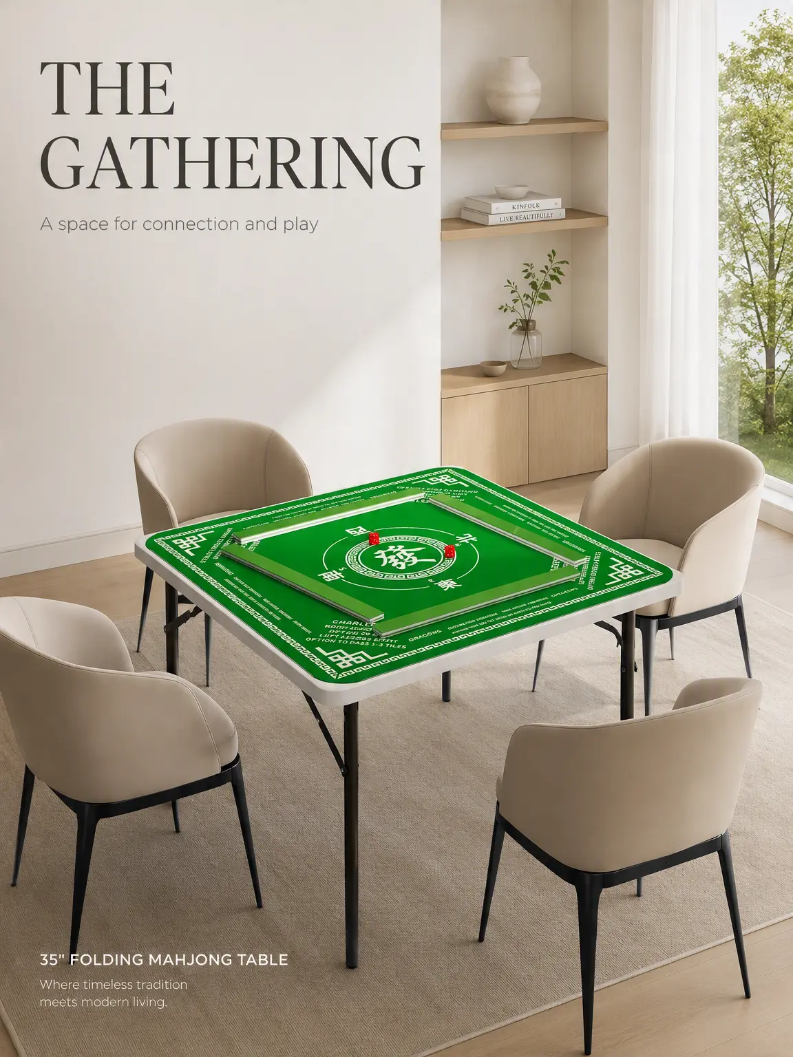 35x35" Folding Square HDPE-Top Indoor Game Table with Steel Legs, 2 Removable Mahjong Mats for Poker, Dominoes