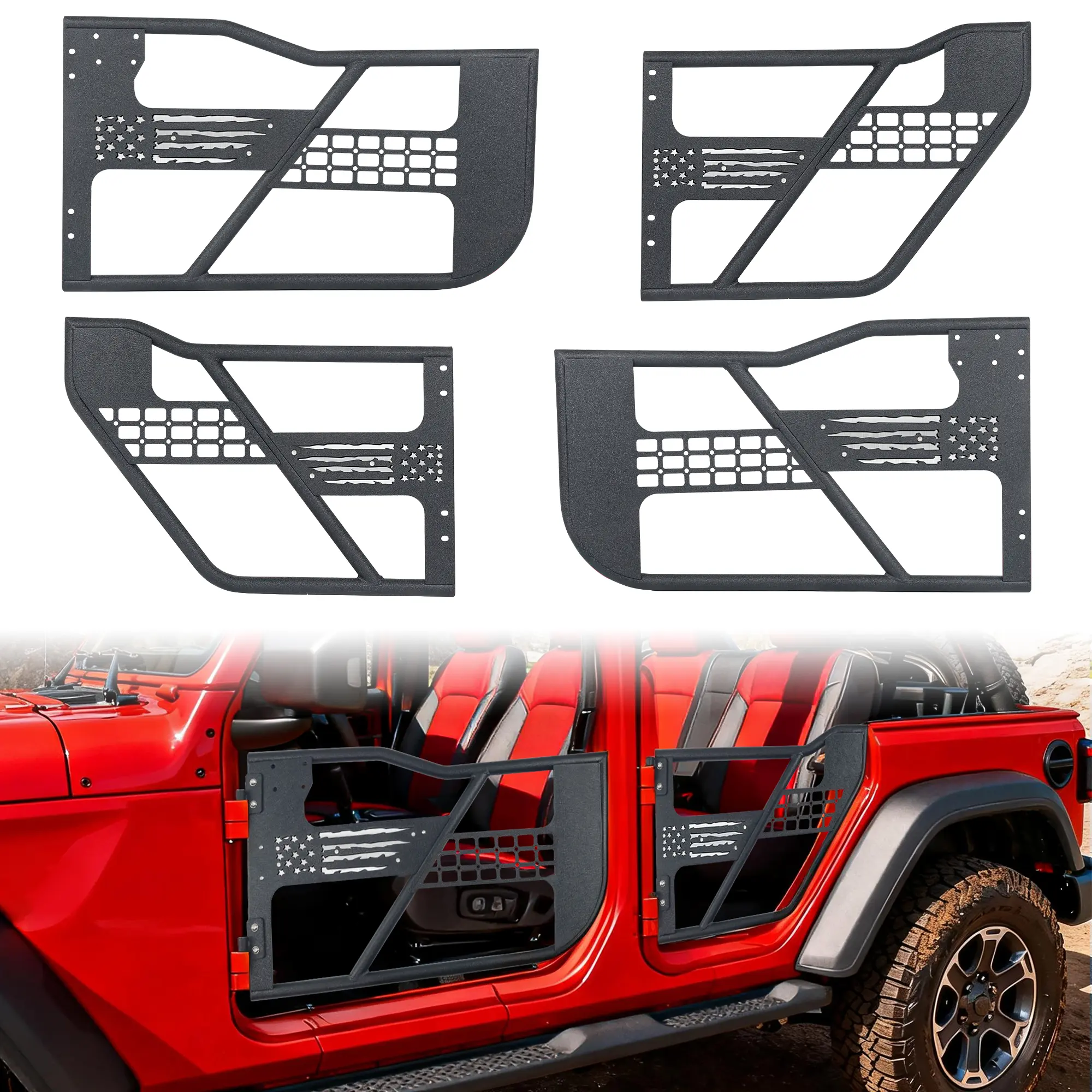 MONOKING 4-Piece Tube Doors for 2007-2018 Wrangler JK JKU 4-Door, Steel Half Doors with MOLLE Panels, Paintable USA Flag Design