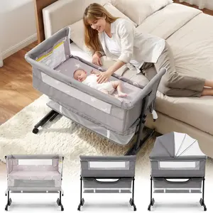 Baby Bassinet, Baby Basinet Bedside Sleeper, Easy to Fold Portable Crib Side Bassinet 2025 new Style Girl/boy bassinets, Height Adjustable (Gray) Convenient Storage,Summervibes
