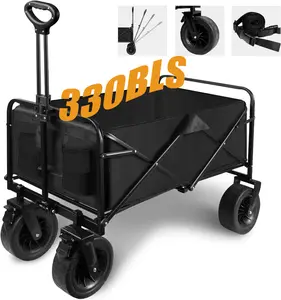 All-Terrain Folding Camping Wagon with Brakes, 330lbs Capacity, Flexible Handle, Big Wheels, Compact Pack Size for Camping, Grocery