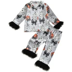 Kids Toddler Baby Girl Boy Halloween Pajamas Set Feather Trim Ghost Pumpkin Pajama Shirt Top Pants Satin Loungewear Outfits Set