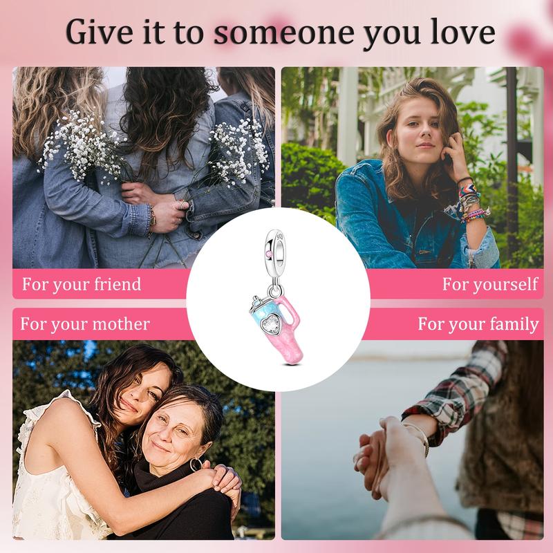 MULA 925 Sterling Silver Summer Water Bottle Pendant with Pink and Blue Enamel and CZ Hearts - Cute Drink Charm Beads, Compatible with Pandora Bracelets, Gift for Women Girls Teens