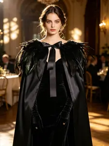 Black Gothic Cape Victorian Era Feather Shoulder Collar Halloween Costume Role-Playing Prop