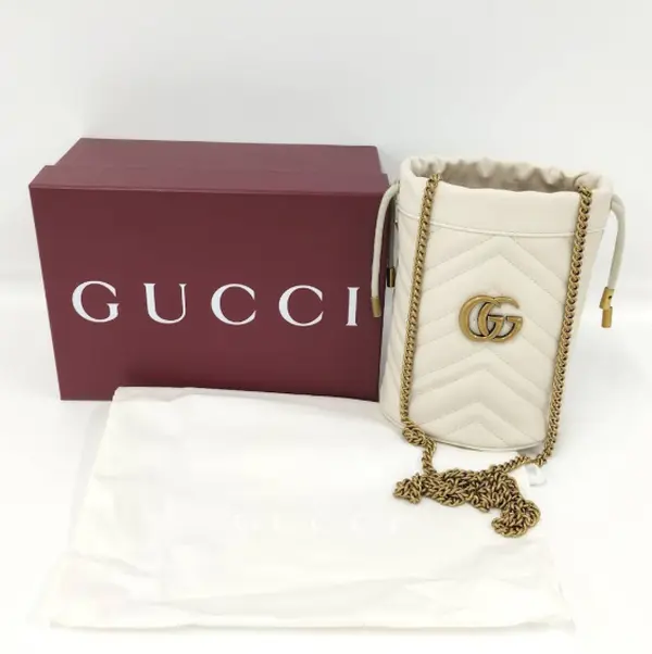 Pre-owned GUCCI Calfskin Shoulder Bags Off White V Stitch Smooth Leather GG Mini Drawstring Bucket Bag J8070712