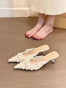 Elegant Lace Pointed-Toe Mules, Floral Embellished Slip-On Heels for Special Occasions and Weddings, Floral Embroidered Slip-On Heels Comfort Women