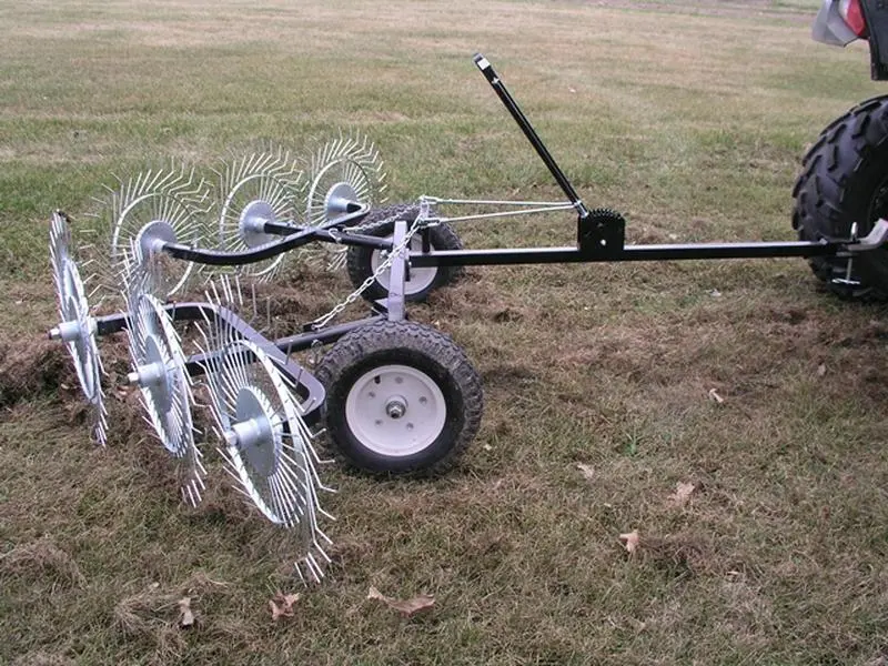 Yard Tuff ACR-500T V-Style Acreage Rake Dethatcher - Wide 60 in Path, 6 Tine Reels, ATV-Tractor Hitch Mount, Pneumatic Tires, 50 in H x 12 in W x 55 in L, Compact Storage, Rows for Cleanup, Labor-Saving Durable Leaf Rake Garden Tool