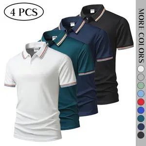 Men’s summer 4-pack light luxury striped-collar short-sleeve polo shirts, ice silk breathable fabric, slim-fit slightly stretchy business casual collared T-shirts, versatile tops for commuting and everyday wear