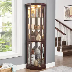 Corner Curio Cabinet with Lights - Glass Display Case for Antiques & Wine, Dark Cherry Wood Storage (LED Included)