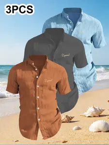 3-Pack Men's Summer Short Sleeve Shirts, Chest Print Design, Lightweight Breathable Solid Stand Collar Button Shirt, Ideal for Beach Poolwear