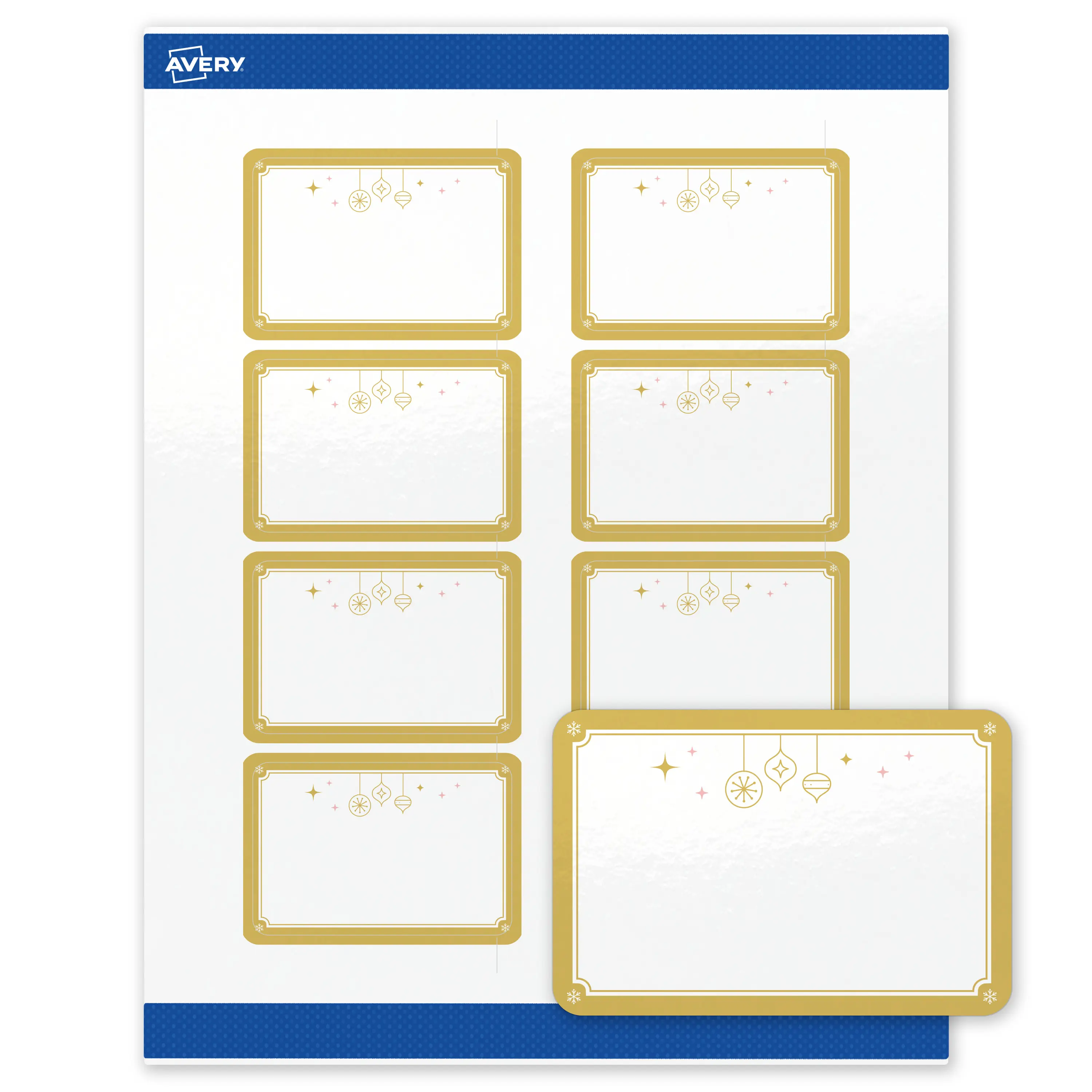 Avery® Printable Christmas Labels with Sure Feed® Technology, Rectangle, 2" x 3", Pre-Printed Metallic Gold Hanging Ornaments Design, Glossy White, Laser & Inkjet Compatible, 80 Total