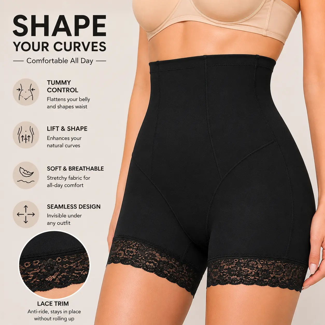 Women's High Waist Shapewear Shorts Tummy Control Seamless Butt Lifting Body Shaper Thigh Slimmer Anti Chafing Stretch Compression