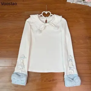 Japanese Kawaii Lolita Style T-Shirts Women Sweet Bow Peter Pan Collar Plush Patchwork Tees Girls Casual  Long Sleeves Tops