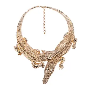 A Must-Have for Hot Girls! Gold Diamond Crocodile Shape Choker, Fashionable and Versatile Exaggerated Double Crocodile Diamond-Encrusted Necklace Collar New