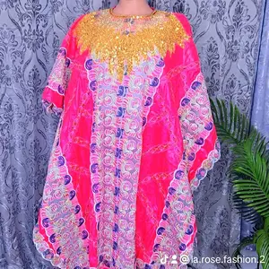 Bazin Grand Bubu Dress in Vibrant Pink with Gold Embellishments and Intricate Patterns 3pcs sets comes with wrap and head wrap one size fit all