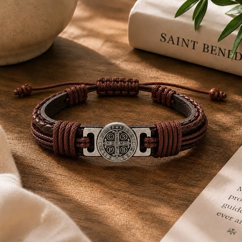 San Benito Shield Multilayer Leather Cord Braided Brown Bracelet - Adjustable Slider Tie Knot Cuff, Fashionable Bracelet Style Religious Jewelry Accessory for Men and Women