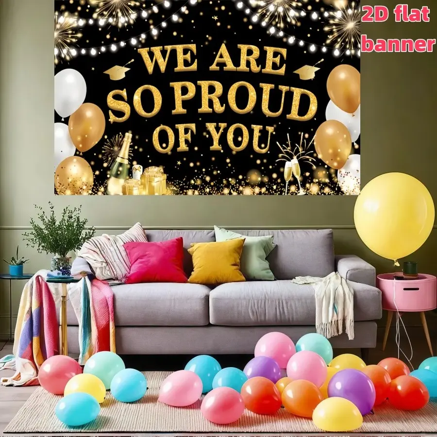 2D Flat 1pc We Are So Proud of You Graduation Backdrop Banner, Blue Gold Glitter Mortar Board Balloon Champagne Gift Photography Background, Ideal for Graduation Ceremony, Class of 2026 Party, Kindergarten Preschool Promotion, Photo Booth Decor