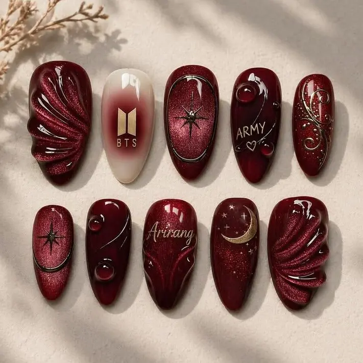 KPOP Arirang Inspired Press On Nails, 2026 Comeback Royal Crimson Art, 3D Sculpted Velvet Cat Eye Nails, Gold Filigree K-pop Nails