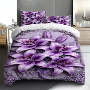 Three-piece bedding set - 2pcs/3pcs 2D Flat purple lily floral pattern duvet cover set (1 duvet cover + 1/2 pillowcases, no insert), multi-color printed bedding set, soft and comfortable, suitable for family bedrooms and guest rooms.