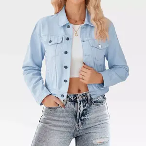Women's Button Down Stretch Fitted Long Sleeve Cropped Denim Jacket Soft Denim Jean Jacket with Pockets Nashville Outfits, Light Blue - L