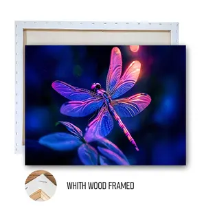 1pcs FRAMED Neon Dragonfly Canvas Wall Art with Wooden Frame Modern Minimalist Home Decor for Living Room Bedroom Dining Room Home Decor