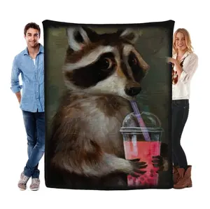 Funny Racoon Drink Milk Tea Meme Flannel Throw Blanket, apestry Wall Hanging, Independence Day Gift, Patriotic Home Decor, Perfect For Sofa Bed Office Camping Picnic